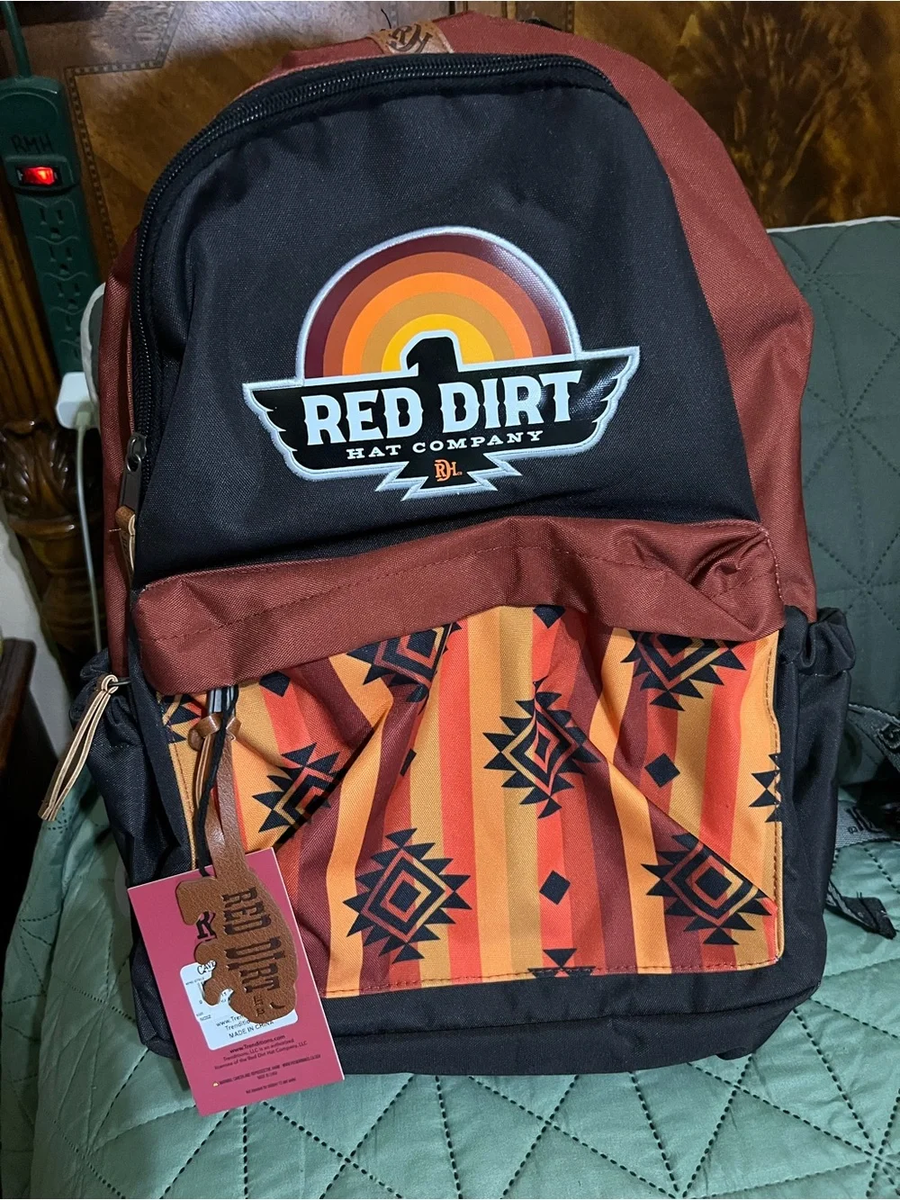 Maroon & Black Backpack with Orange Pattern